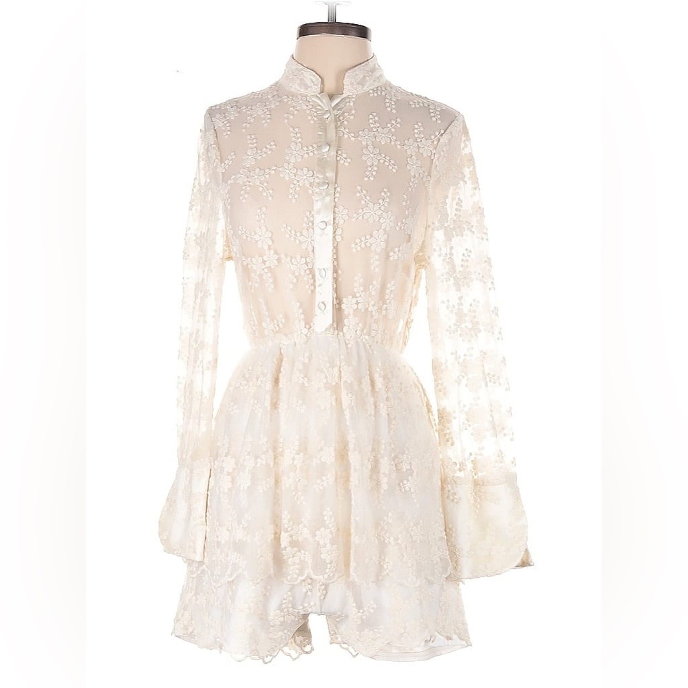 Nasty Gal Cream Floral Lace Long Sleeve Romper